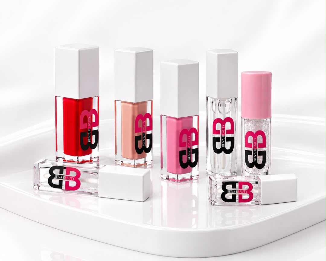 Bena Beauty lip gloss lineup in red, nude, pink, clear and shimmer shades